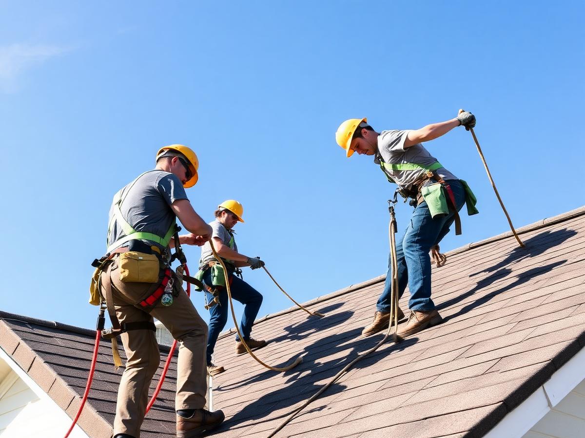 Roofing crew installing shingles on a Jacksonville home
